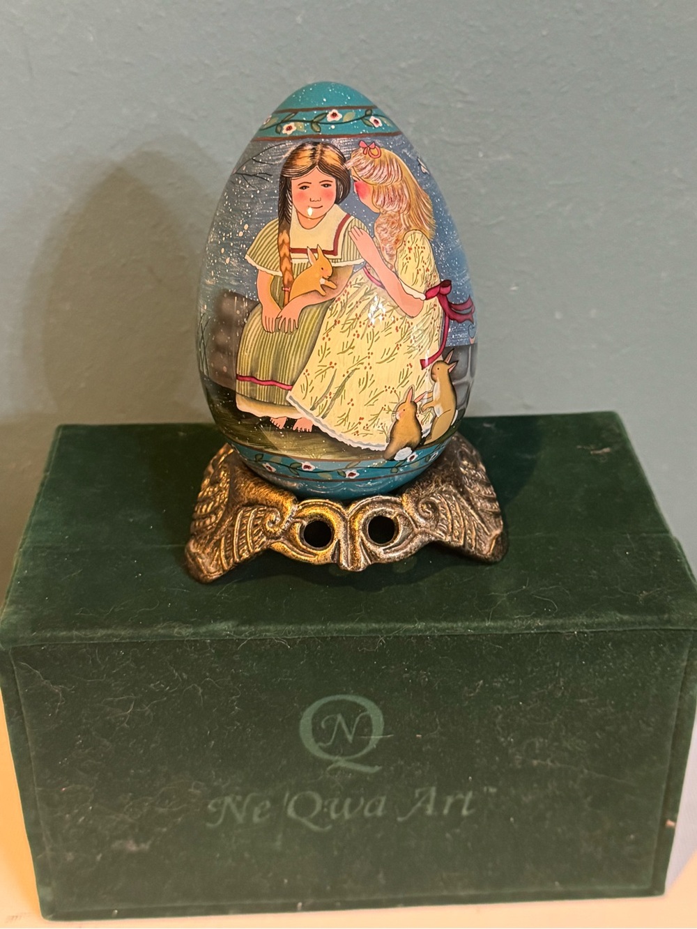 Ne’qwa Reverse Painted Egg With Stand - Folk Art Friendship Secrets & Bunnies